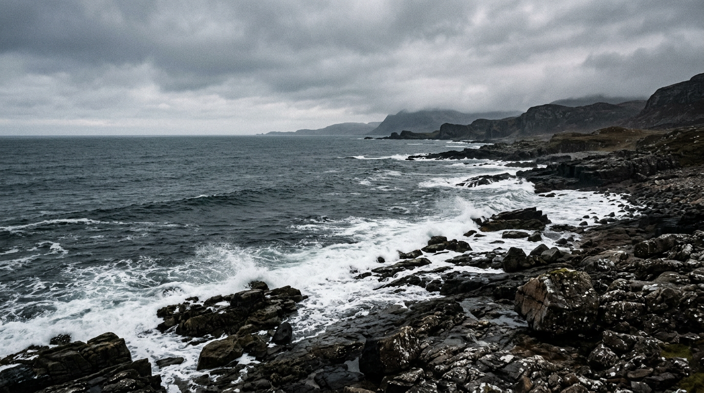 A grey sea shoreline with dark rocks and foaming waves.